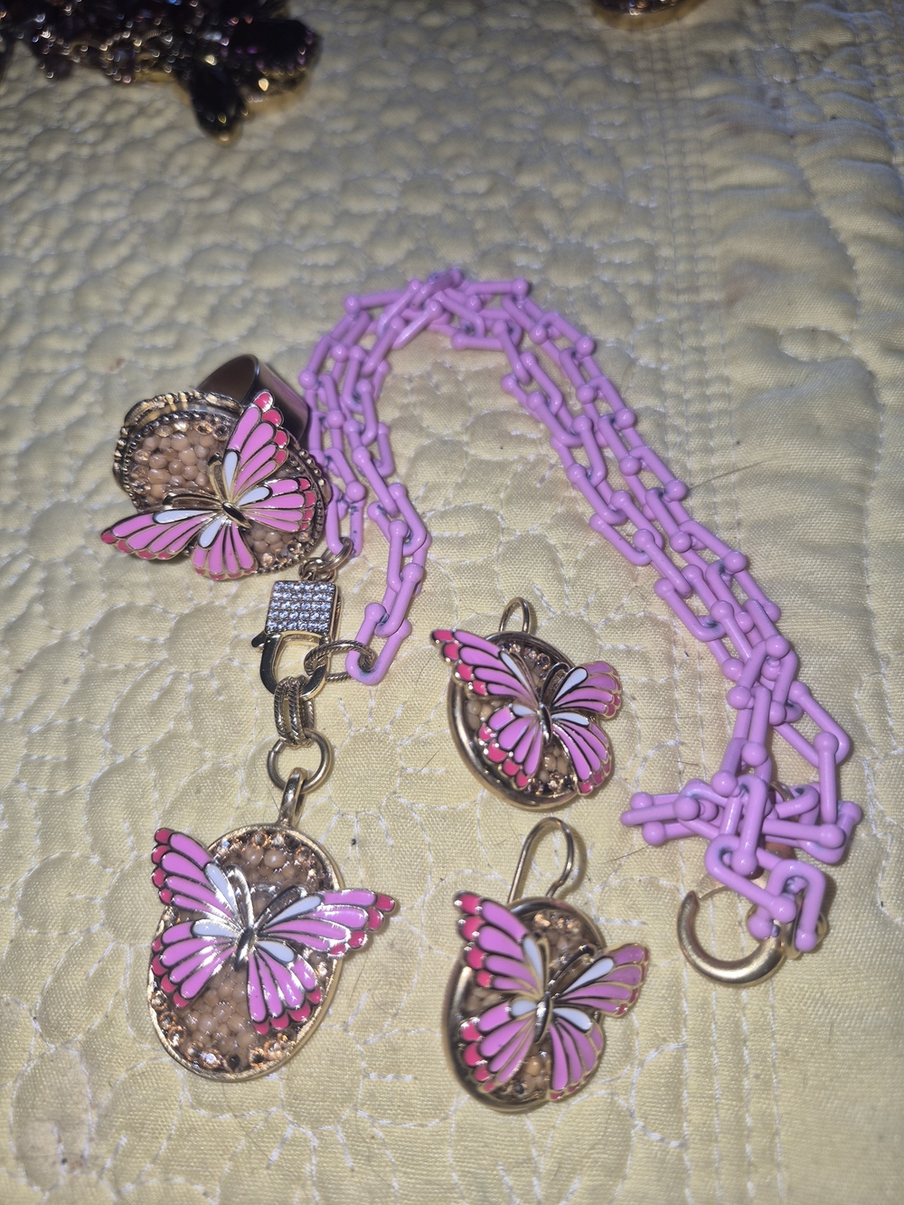 Pink Butterfly Pendant, Earrings and Chain Set
